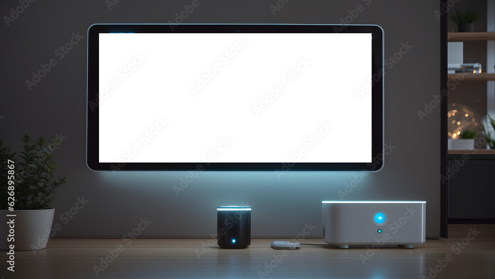 TV Mockup, Smart home technology in a futuristic design setting at night, Template, Generative AI TV Mockup, Smart home technology in a futuristic design setting at night, Template, Generative AI