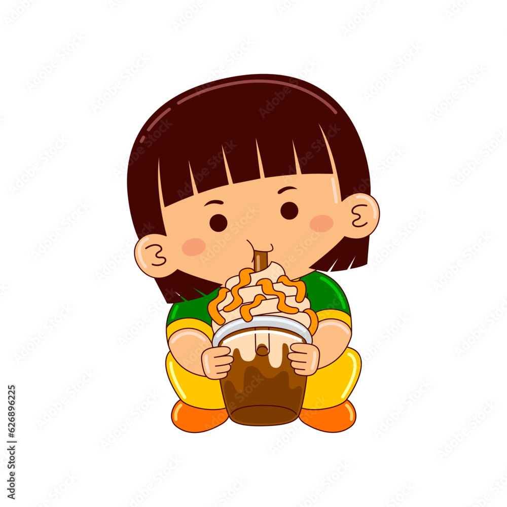 girl kids drinking iced caramel frappucino girl kids drinking iced caramel frappucino