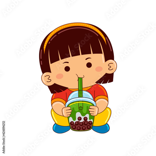 girl kids drinking iced matcha bubble tea