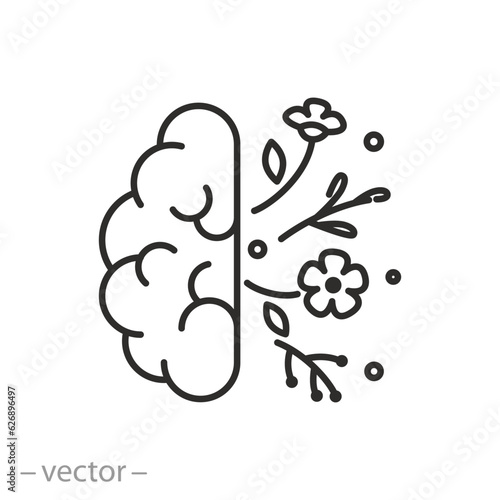 wellness mental health icon, human brain with beautiful flowers, happiness harmony, positive thinking, thin line symbol on white background - editable stroke vector illustration eps10