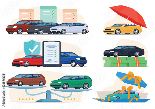 Car sale, rent. Evaluation and comparison of cars. Insurance of your vehicle. Vector illustration