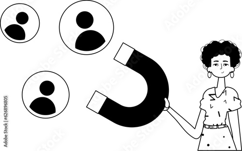 The girlfriend is holding a string circumference display panel that attracts matter . hour concept . black and egg coffer linear expressive stylus. Trendy style, Vector Illustration