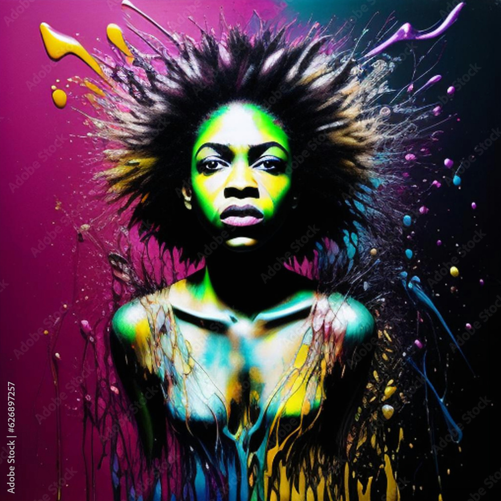Abstract expressionist drip technique artwork of an attractive young black woman.  Generative AI