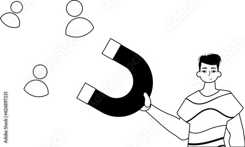 The derision is holding a pull poster that attracts topic . hour concept . Black and ashen linear stylus. Trendy style, Vector Illustration