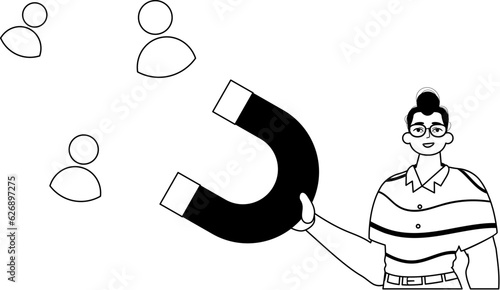 The derision is holding a attract poster that attracts subject . hour concept . blacken and ashen linear stylus. Trendy style, Vector Illustration