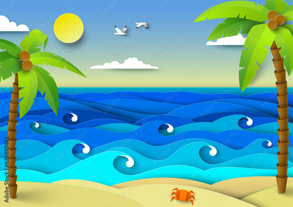 Sea tropical beach summer papercut vector background