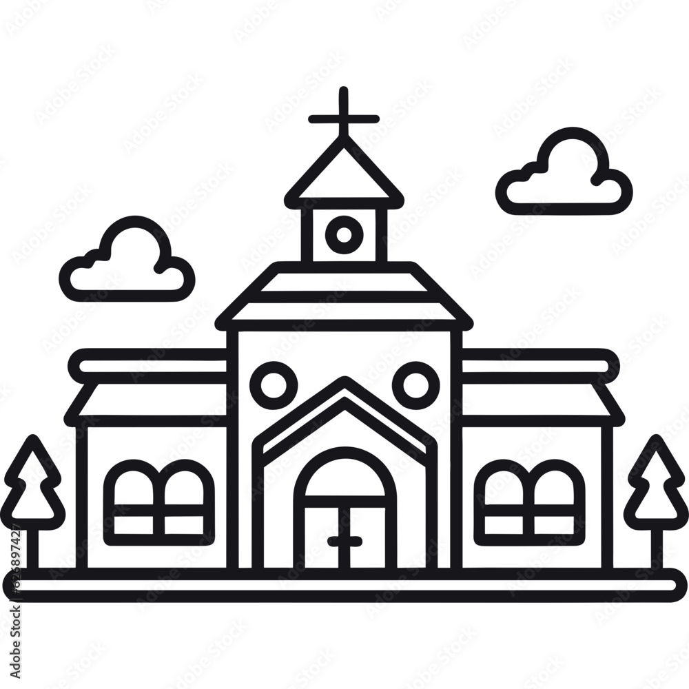 Church building with clouds and trees single icon outline logo svg vector Church building with clouds and trees single icon outline logo svg vector