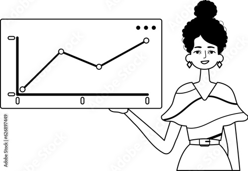 The female child holds a graph of growth with positive dynamics . Black and white analogue style. Trendy style, Vector Illustration
