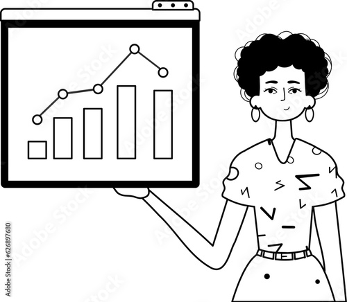 The female child holds a graph of growth with positive dynamics . black and white analogue stylus. Trendy style, Vector Illustration