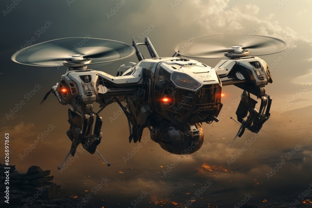 Drone, futuristic war weapon is flying. Beautiful illustration picture. Generative AI