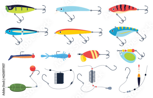 Various baits for fishing. Lures of various sizes and types for fishing. Tools for catching fish. Vector illustration