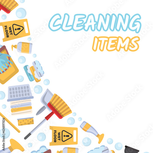 cleaning, laundry cartoon items corner shape. detergents, brushes, mops, soap, rags, washing machine, cleaning powders, products for cleaning house. vector cartoon corner shaped background.