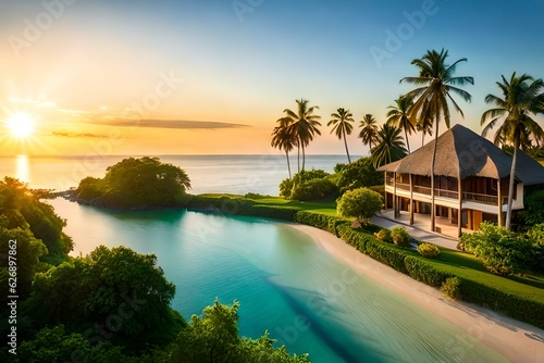 tropical resort at sunset Generated Ai © AQ Arts