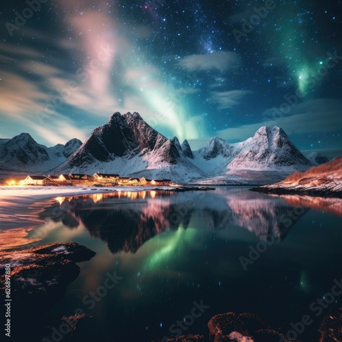 Northern light  mountains and frozen ocean. Winter landscape at the night time.