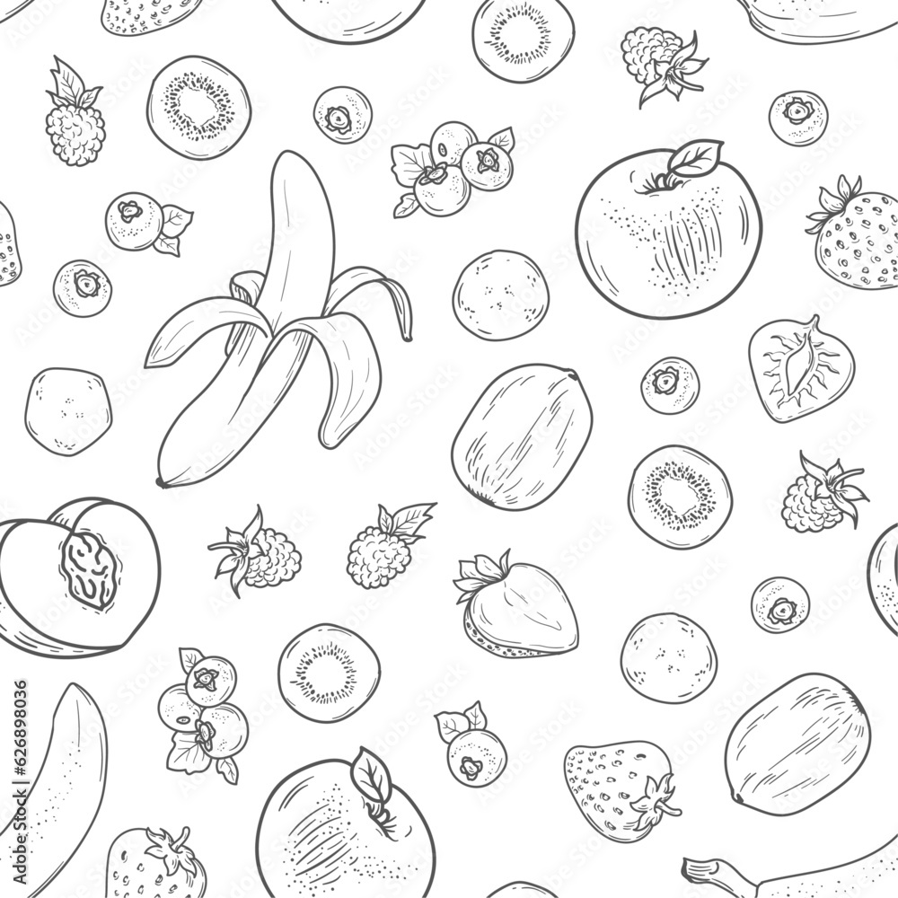 Seamless black and white background with fruit, the fruit sketch is repeated endlessly. Seamless black and white background with fruit, the fruit sketch is repeated endlessly.