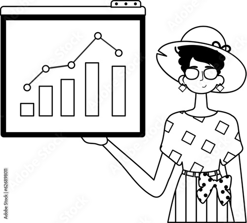 The female child holds a graph of addition with cocksure moral propel . blacken and white analogue stylus. Trendy style, Vector Illustration