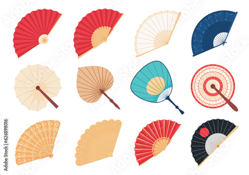 A set of beautiful hand fans. An item of women accessory for waving in the wind. Vector illustration