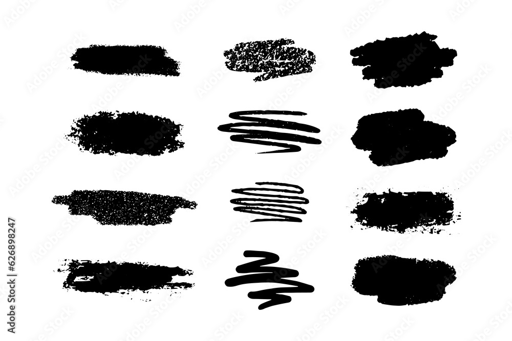 Set of different brush strokes. Different in shape and size vector brush strokes in black color isolated on white background. Beautiful decorative elements, ink. Set of different brush strokes. Different in shape and size vector brush strokes in black color isolated on white background. Beautiful decorative elements, ink.