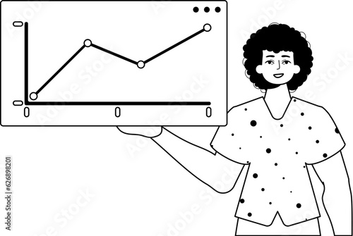 The guy holds a graph of growth with positive moral force . black and white linear style. Trendy style, Vector Illustration