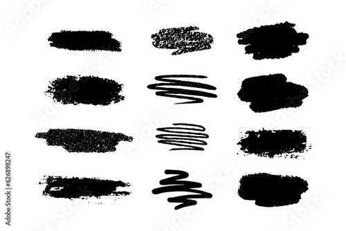 Set of different brush strokes. Different in shape and size vector brush strokes in black color isolated on white background. Beautiful decorative elements  ink.