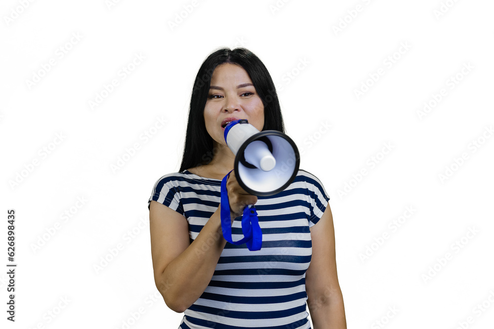 Fototapeta premium Young asian woman is announcing something in megaphone. Isolated on white.