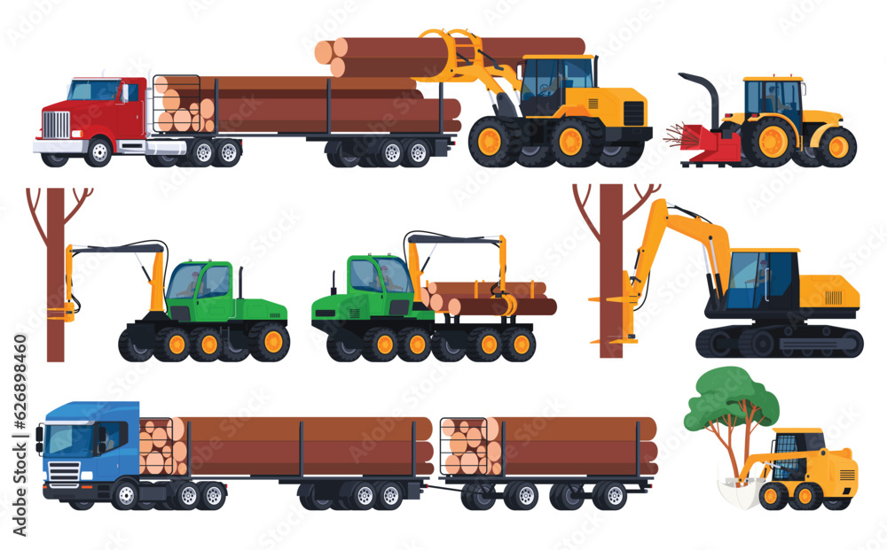 Harvesting wood. Special transport for felling and transporting trees. Cleaning the forest from old dead trees. Vector illustration - obrazy, fototapety, plakaty 