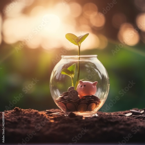 Sprout growing on glass piggy bank with sunset light in saving money concept.