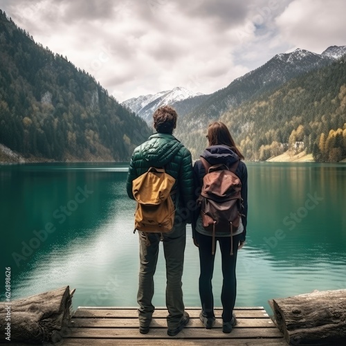 Travelers couple look at the mountain lake. Travel and active life concept with team.
