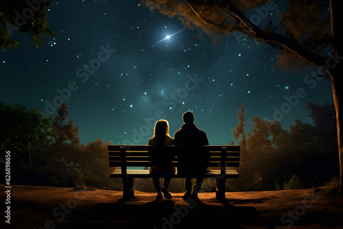 A man and a woman sitting on a bench and looking at the stars on the night sky