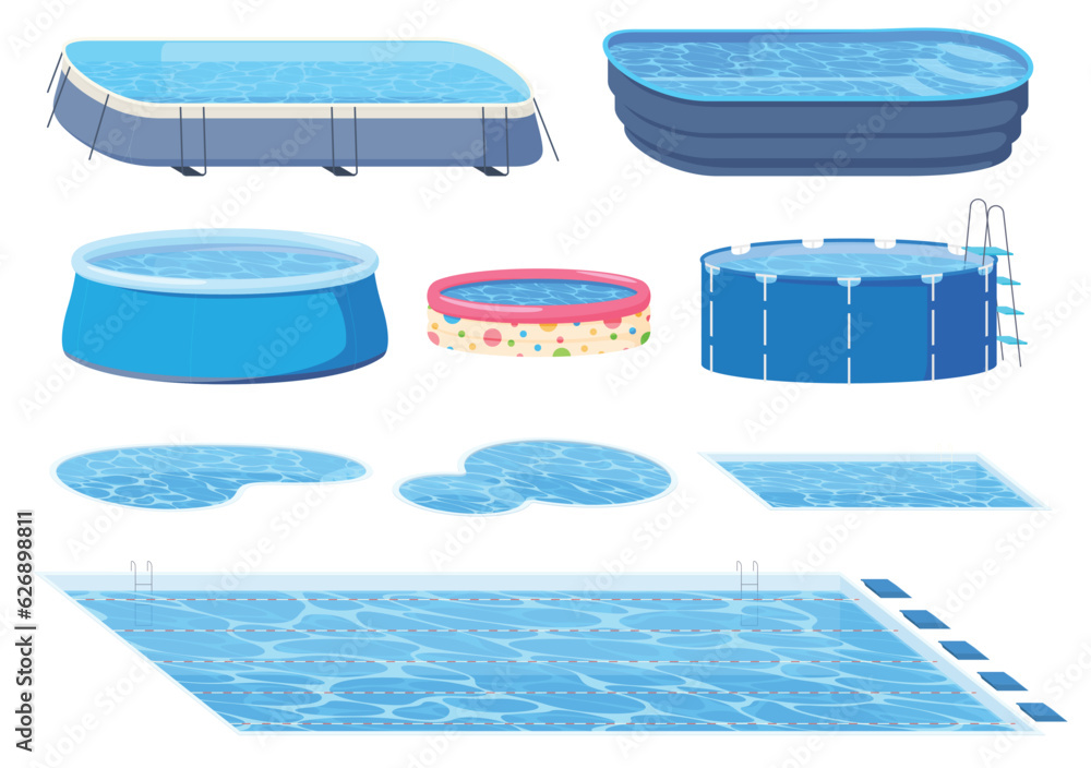 Pools of various shapes and types. Portable and stationary pools. Water tanks for swimming in them. Vector illustration