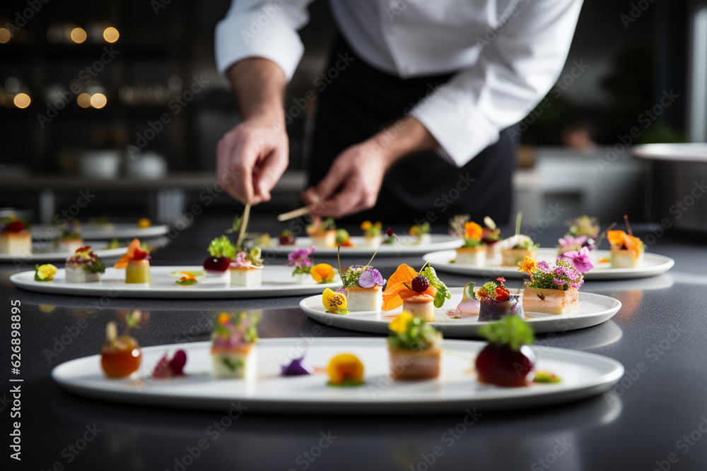 A chef, viewed from behind, arranging a beautifully plated appetizer on a white plate, with various sauces and garnishes scattered around. Generative AI A chef, viewed from behind, arranging a beautifully plated appetizer on a white plate, with various sauces and garnishes scattered around. Generative AI
