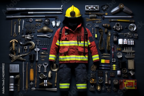 Fireman tools layout, deconstructed. Beautiful illustration picture. Generative AI