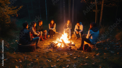 Friends around a cozy bonfire in the woods