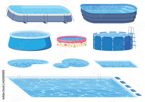 Obraz na płótnie Pools of various shapes and types. Portable and stationary pools. Water tanks for swimming in them. Vector illustration w salonie