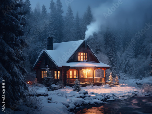A serene cabin tucked amidst a snowy forest, with smoke gently rising from the chimney