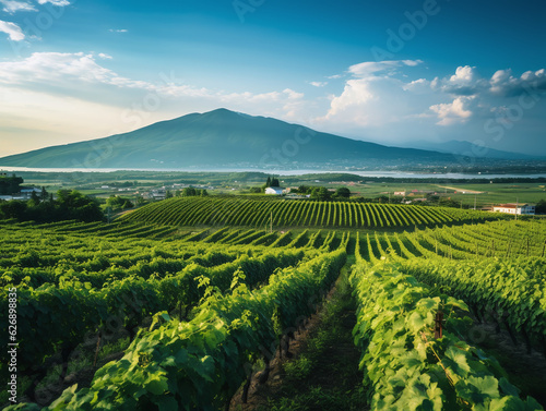 A picturesque vineyard, with neat rows of lush grapevines stretching towards the horizon, Fuji's super realistic photography