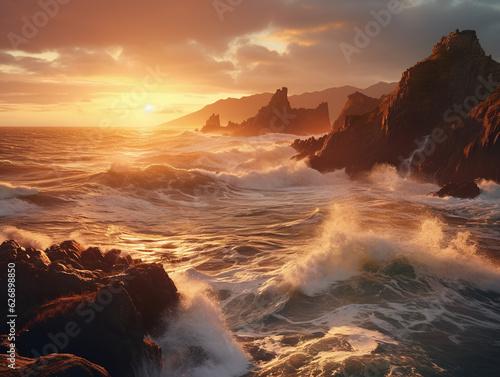 A rugged coastline with dramatic cliffs and crashing waves, bathed in the warm glow of the setting sun