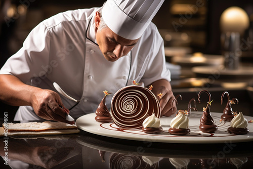 A chef, viewed from behind, adding a finishing touch to a dessert with a delicate swirl of chocolate, with pastry bags and decorative tools on a nearby countertop. Generative AI photo
