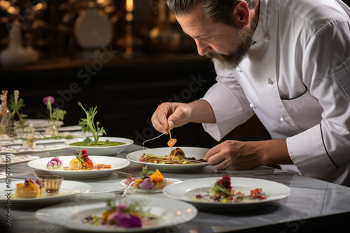 A chef  viewed from behind  arranging a beautifully plated appetizer on a white plate  with various sauces and garnishes scattered around. Generative AI