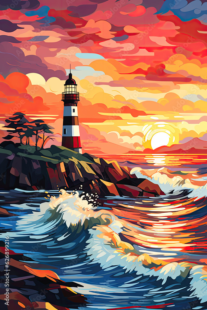 Lighthouse, beautiful sunset and sea, serene scenery