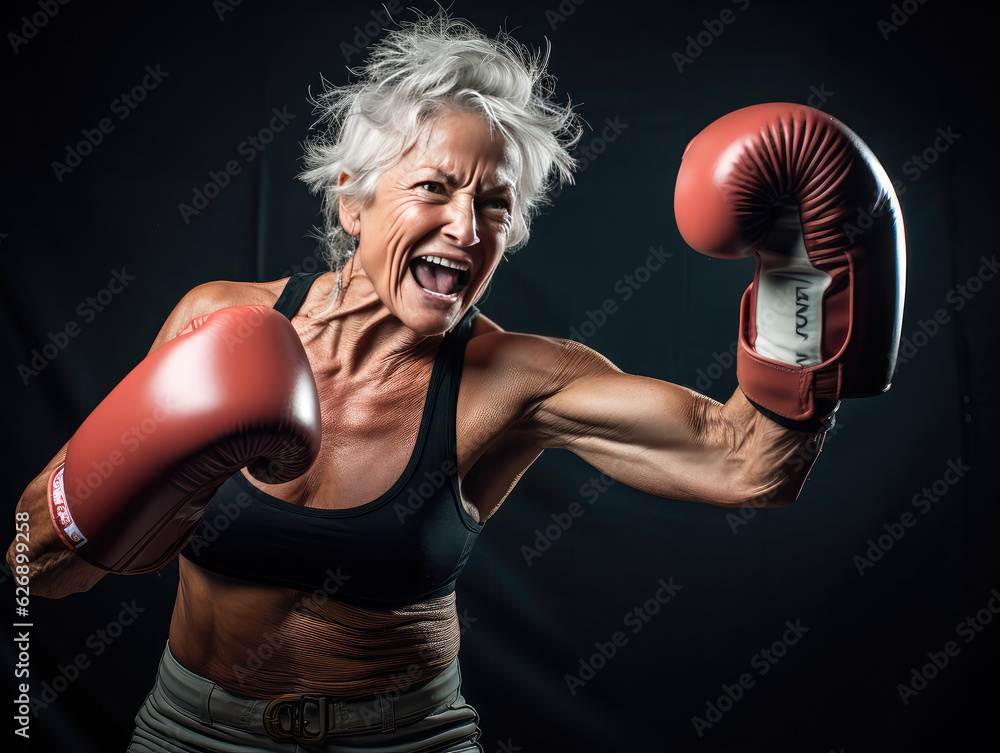 Mature Elderly Woman Kickboxing, Generative AI