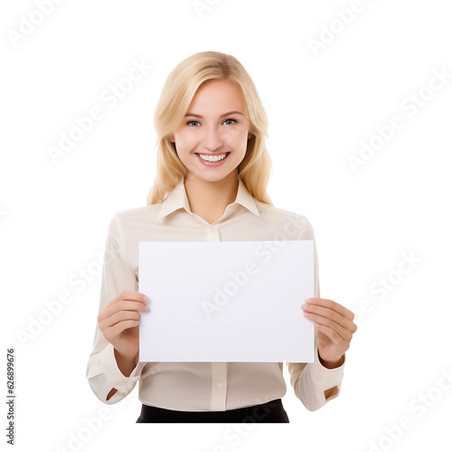 Beautiful woman standing smiling with blank white paper for text on transparent background.