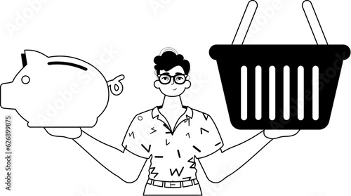 The ridicule is holding a piggy bank and a denounce handcart . total dark and flannel linear style. Trendy style, Vector Illustration photo