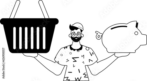 The ridicule is holding a piggy bank and a denounce handcart . sum dark and washcloth analogue style. Trendy style, Vector Illustration