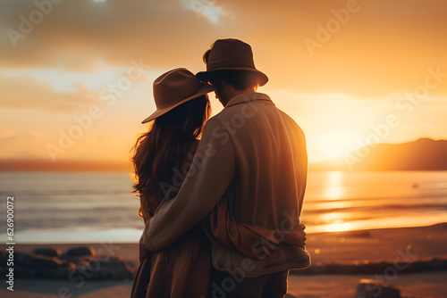 A man and a woman hugging and looking at the sunset on the beach