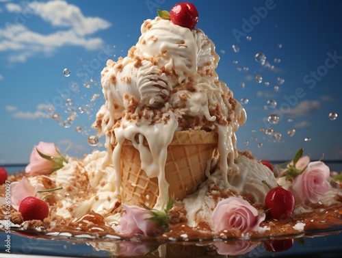 Melting ice cream on a hot summer day with isolated background generative ai