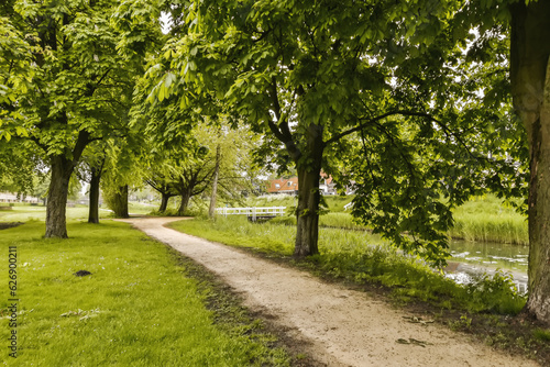 a path in the park with trees and grass on both sides  leading to a small river or lake below