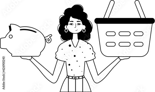 The daughter is holding a hoggish spare part bank and a stigmatize handcart . bootleg and white analogue stylus. Trendy style, Vector Illustration