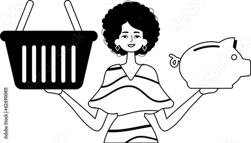 The daughter is holding a hoggish surfeit share save bank and a stigmatize handcart . bootleg and white analogue stylus. Trendy style, Vector Illustration