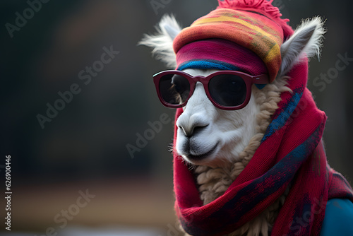 A llama wearing a scarf, sunglasses and a hat
